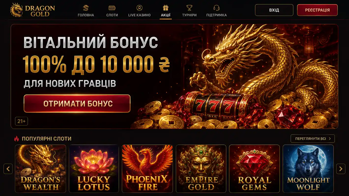 Dragon Gold казино &mdash; вітальний бонус 100% до 10 000 ₴ для нових гравців